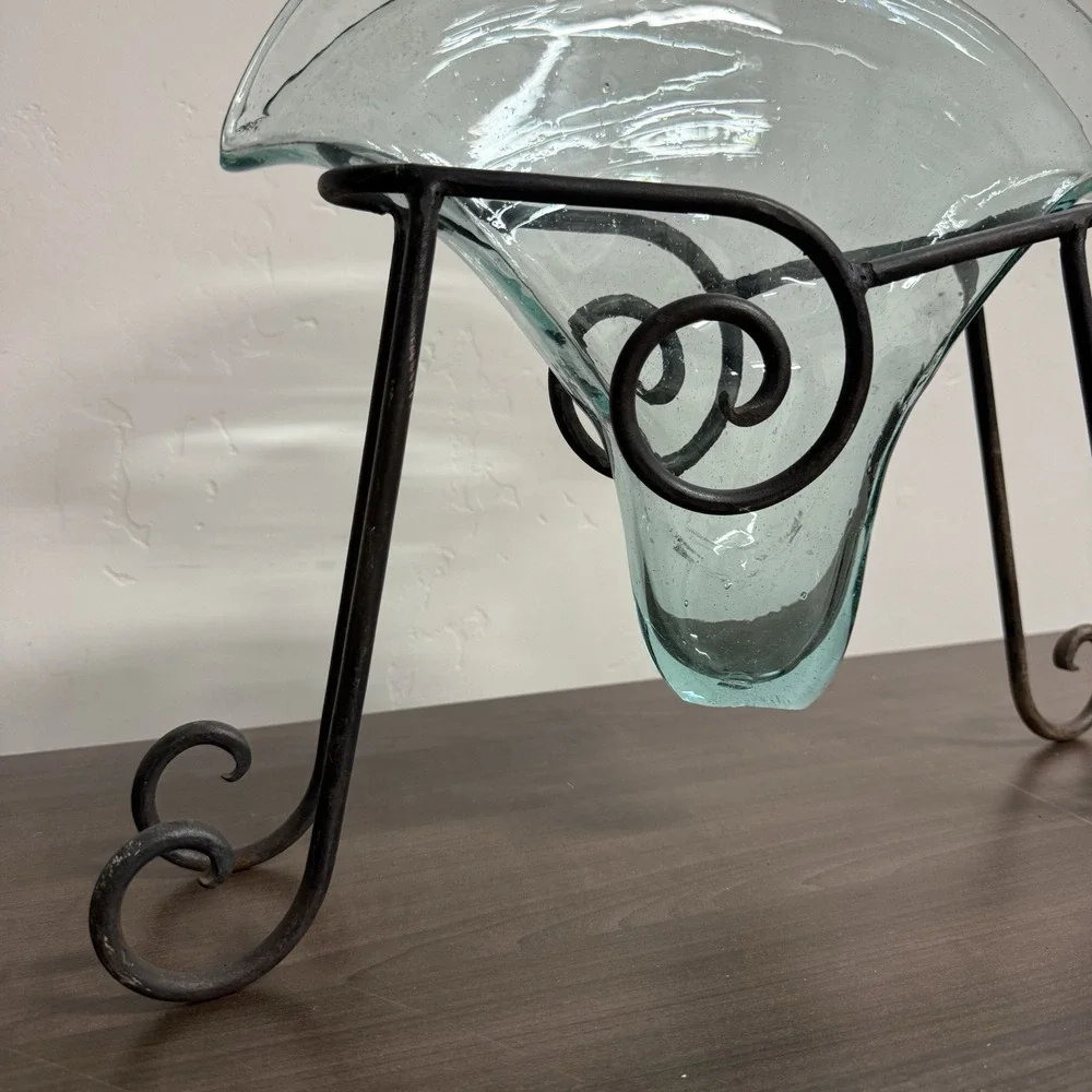 Blown Glass Vase Blue Glass Wrought Iron Base Tulip Shape